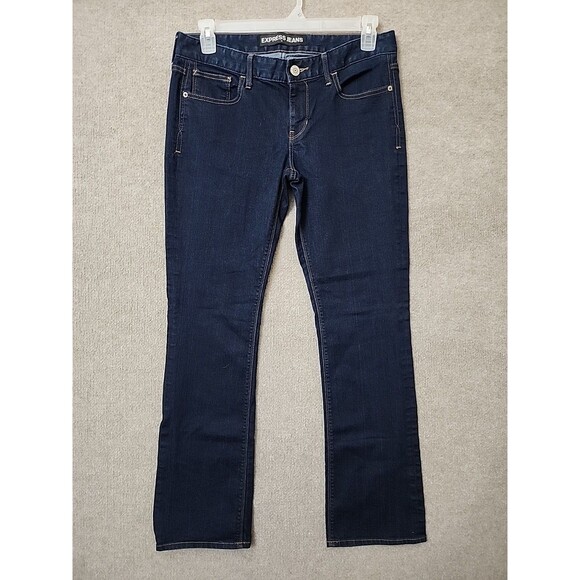Express Stella Barely Boot Cut Jeans Womens 10 Blue Dark Wash Stretch Low Rise - Picture 1 of 9